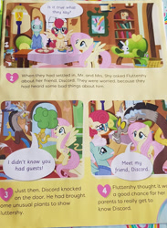 Size: 439x600 | Tagged: safe, official comic, discord, fluttershy, gentle breeze, posey shy, pegasus, pony, g4, female, male, mare, stallion