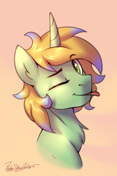 Size: 2000x3000 | Tagged: safe, artist:jedayskayvoker, oc, oc only, oc:hoping light, pony, unicorn, bust, colored, colored sketch, full color, high res, icon, licking, looking at you, male, one eye closed, portrait, sketch, solo, tongue out, wink, winking at you
