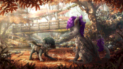 Size: 960x540 | Tagged: safe, artist:smowu, oc, oc:lacy, oc:seeker, bat pony, dog, dog pony, pegasus, animated, autumn, bridge, car, cinemagraph, crepuscular rays, detailed background, looped, mouth hold, radiation sign, rope, scenery, scenery porn, tail wag, technically advanced, tree, truck, tug of war, tugging, wings