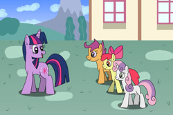 Size: 1280x854 | Tagged: safe, artist:platinumdrop, apple bloom, scootaloo, sweetie belle, twilight sparkle, earth pony, pegasus, pony, unicorn, g4, cutie mark crusaders, female, filly, mare, ponyville, request, unicorn twilight, walking