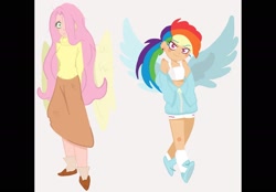 Size: 2360x1640 | Tagged: safe, artist:charrlll, fluttershy, rainbow dash, human, g4, alternate hairstyle, bedroom eyes, belly button, clothes, converse, duo, ear piercing, earring, female, flats, hair over one eye, hoodie, humanized, jewelry, midriff, piercing, ponytail, shoes, shorts, simple background, skirt, socks, sports bra, sports shorts, sweater, sweatershy, white background, winged humanization, wings