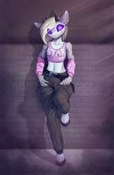 Size: 1941x3000 | Tagged: safe, artist:phenya, oc, oc only, robot, anthro, unguligrade anthro, belly button, cheek fluff, clothes, commission, ear fluff, eye clipping through hair, eyebrows, eyebrows visible through hair, female, floppy ears, high res, horns, leaning, leaning back, pants, solo, unshorn fetlocks