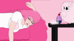 Size: 800x450 | Tagged: safe, artist:mixermike622, oc, oc only, oc:fluffle puff, cat, human, animal, animated, cellphone, clothes, coffee table, couch, cupcake, falling, floof'n'friends, food, gif, glasses, humanized, implied queen chrysalis, looking at something, phone, plushie, running, sleeping, smartphone, solo, text, tired