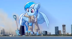 Size: 4096x2207 | Tagged: safe, artist:ravistdash, oc, oc only, oc:ravist, pegasus, pony, building, chinese, city, clothes, female, giant pony, high res, irl, macro, mare, mouth hold, outfit, photo, ponies in real life, shovel, solo, standing