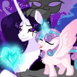 Size: 320x320 | Tagged: safe, artist:_goddesskatie_, princess flurry heart, oc, alicorn, pony, g4, alicorn oc, chest fluff, crystal heart, duo, eyes closed, female, glowing horn, horn, magic, mare, night, smiling, telekinesis, wings