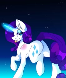 Size: 1080x1275 | Tagged: safe, alternate version, artist:tessa_key_, rarity, pony, g4, :p, bedroom eyes, butt, ear fluff, eyelashes, female, glowing horn, gradient background, horn, mare, needs more jpeg, plot, raised hoof, signature, solo, tongue out