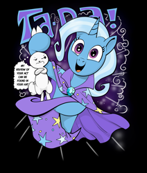 Size: 2271x2684 | Tagged: safe, artist:andypriceart, artist:brunursus, angel bunny, trixie, pony, unicorn, g4, angel bunny is not amused, angel is a bunny bastard, black background, bunny out of the hat, cape, clothes, hat, high res, magic, magic trick, simple background, solo, thought bubble, trixie's cape, trixie's hat, unamused, vector
