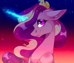 Size: 1080x915 | Tagged: safe, artist:tessa_key_, princess cadance, alicorn, pony, g4, abstract background, bust, crown, female, glowing horn, horn, jewelry, makeup, mare, regalia, signature, solo