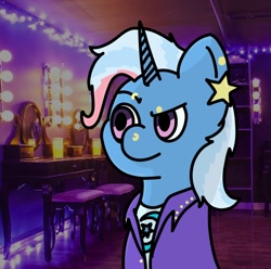 Size: 1166x1156 | Tagged: safe, artist:melodysketch, trixie, pony, unicorn, g4, cel shading, clothes, cutie mark, cutie mark on clothes, dyed mane, ear piercing, earring, eyebrow piercing, hatless, jacket, jewelry, leather jacket, messy mane, missing accessory, nose piercing, nose ring, piercing, punk, solo
