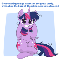 Size: 1000x1000 | Tagged: safe, artist:dendollae, twilight sparkle, alicorn, pony, g4, both cutie marks, crossed legs, feather, female, grin, hooves on cheeks, mare, messy mane, nervous, nervous smile, sitting, smiling, solo, twilight sparkle (alicorn)