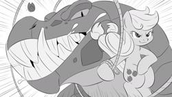 Size: 1280x720 | Tagged: safe, artist:dendollae, applejack, cragadile, crocodile, earth pony, pony, g4, applejack's hat, cowboy hat, female, grayscale, hat, lasso, manga, mare, monochrome, rope, solo