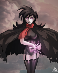Size: 1728x2160 | Tagged: source needed, useless source url, safe, artist:delta hronum, oc, oc only, oc:tesla hronum, human, breasts, cape, clothes, cloud, female, humanized, latex, latex suit, monochrome, red scarf, solo, sword, weapon