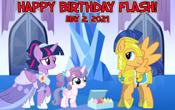 Size: 2064x1296 | Tagged: safe, artist:not-yet-a-brony, flash sentry, princess flurry heart, twilight sparkle, alicorn, pegasus, pony, g4, the last problem, 2021, armor, aunt and niece, auntie twilight, birthday, clothes, coronation dress, crystal empire, cupcake, cute, dress, family, female, filly, filly flurry heart, flurrybetes, food, heartwarming, looking at each other, male, older, older flurry heart, present, royal guard armor, second coronation dress, ship:flashlight, shipping, smiling, straight, twilight sparkle (alicorn), uncle flash, vincent tong, voice actor joke, voice actor reference