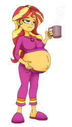 Size: 2372x4168 | Tagged: safe, artist:niban-destikim, sunset shimmer, equestria girls, g4, belly, belly button, big belly, breasts, busty sunset shimmer, clothes, coffee, female, geode, geode of empathy, magical geodes, outie belly button, pajamas, pregnant, simple background, slippers, solo, sunset preggers, transparent background