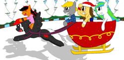 Size: 1110x540 | Tagged: safe, artist:fruiitypieq, artist:shycookieq, oc, oc only, earth pony, pegasus, pony, christmas, earth pony oc, glasses, hat, holiday, outdoors, pegasus oc, ponies riding ponies, riding, santa hat, sled, tree