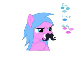 Size: 936x854 | Tagged: safe, artist:saltysel, oc, oc only, earth pony, pony, bust, earth pony oc, evil grin, fake moustache, female, grin, hooves together, mare, reference sheet, simple background, smiling, solo, white background