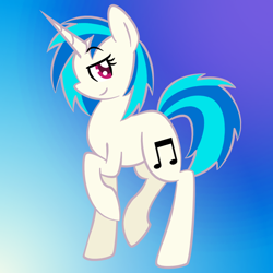 Size: 750x750 | Tagged: safe, artist:nyanpegasus, dj pon-3, vinyl scratch, pony, unicorn, g4, abstract background, backwards cutie mark, eyebrows, eyebrows visible through hair, eyelashes, horn, raised hoof, smiling, solo