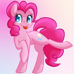 Size: 750x750 | Tagged: safe, artist:nyanpegasus, pinkie pie, earth pony, pony, g4, :p, colored pupils, eyelashes, gradient background, raised hoof, smiling, solo, standing on two hooves, tongue out