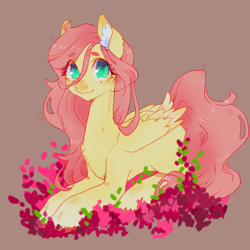 Size: 3000x3000 | Tagged: safe, artist:silkyunii, fluttershy, pegasus, pony, g4, chest fluff, cute, ear fluff, female, flower, high res, looking at you, lying down, mare, missing cutie mark, no pupils, prone, shyabetes, solo