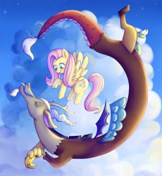 Size: 1258x1366 | Tagged: safe, artist:saltysel, discord, fluttershy, draconequus, pegasus, pony, g4, cloud, duo, eyes closed, female, flying, grin, male, mare, outdoors, ship:discoshy, shipping, smiling, straight