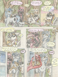 Size: 2116x2835 | Tagged: safe, artist:cindertale, oc, oc:aeon of dreams, oc:cinder, oc:lightning bliss, oc:toonkriticy2k, alicorn, deer, demon, pegasus, pony, unicorn, alicorn oc, chest fluff, comic, deer oc, dialogue, female, forest, hat, high res, holding a pony, horn, male, mare, offscreen character, outdoors, pegasus oc, pov, stallion, top hat, traditional art, tree, unicorn oc, wings