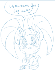 Size: 514x682 | Tagged: safe, artist:dendollae, pacific glow, earth pony, pony, g4, dialogue, female, jewelry, looking at you, mare, monochrome, necklace, open mouth, pacifier, sketch, solo, speech bubble