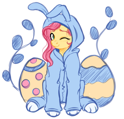 Size: 3261x3136 | Tagged: safe, artist:vetta, fluttershy, pegasus, pony, g4, animal costume, bunny costume, bunnyshy, clothes, costume, cute, easter, easter egg, female, footed sleeper, footie pajamas, high res, holiday, mare, one eye closed, onesie, pajamas, shyabetes, simple background, sitting, smiling, solo, white background, wink
