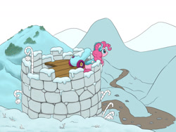 Size: 1280x960 | Tagged: safe, artist:dendollae, pinkie pie, earth pony, pony, g4, castle, female, mare, party cannon, smiling, snow, solo