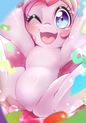 Size: 1431x2048 | Tagged: safe, artist:kurogewapony, pinkie pie, earth pony, pony, g4, blushing, close-up, cute, diapinkes, female, kurogewapony is trying to murder us with diapinkes, looking at you, mare, one eye closed, smiling, solo