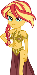 Size: 1024x2048 | Tagged: safe, artist:emeraldblast63, sunset shimmer, human, equestria girls, g4, belly button, belly dancer, belly dancer outfit, big breasts, braid, breasts, busty sunset shimmer, clothes swap, female, simple background, slave leia outfit, sleeveless, solo, star wars, transparent background