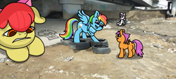 Size: 4000x1800 | Tagged: safe, artist:a-jaller, apple bloom, rainbow dash, scootaloo, sweetie belle, earth pony, pegasus, pony, unicorn, g4, butt, female, filly, mare, plot, tire