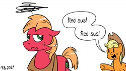 Size: 1200x675 | Tagged: safe, artist:pony-berserker, applejack, big macintosh, earth pony, pony, pony-berserker's twitter sketches, g4, among us, big macintosh is not amused, brother and sister, female, floppy ears, freckles, male, meme, red sus, siblings, stallion, sus (among us)