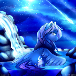 Size: 1280x1280 | Tagged: safe, artist:abyssnima, oc, oc only, pegasus, pony, cloud, commission, female, looking at you, moonlight, night, purple eyes, rock, sky, smiling, solo, stars, water, wings, ych result