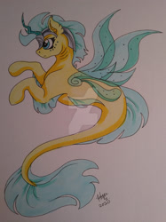 Size: 1280x1707 | Tagged: safe, artist:penname-artist, oc, oc only, alicorn, pony, seapony (g4), blue eyes, deviantart watermark, dorsal fin, fin wings, fins, fish tail, flowing tail, horn, obtrusive watermark, seaponified, signature, simple background, solo, species swap, tail, traditional art, watermark, wings