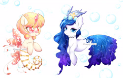 Size: 3031x1928 | Tagged: safe, artist:monnychanart, oc, oc only, hybrid, merpony, sea pony, seapony (g4), starfish, adoptable, auction, blue eyes, blue mane, bubble, coral, female, fish tail, flowing mane, flowing tail, jewelry, necklace, open mouth, orange mane, pearl necklace, red eyes, scales, seashell, simple background, smiling, sparkles, swimming, tail, underwater, white background