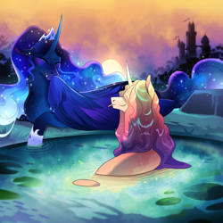 Size: 2000x2000 | Tagged: safe, artist:burgerpaws, princess amore, princess luna, alicorn, pony, unicorn, g4, colored pupils, crown, curly mane, dusk, ethereal mane, fangs, female, flowing mane, folded wings, high res, hoof shoes, horn, jewelry, long description, looking at each other, lunamore, regalia, shipping, sky, smiling, sparkles, starry mane, story included, sun, tongue out, wet, wet mane, wings