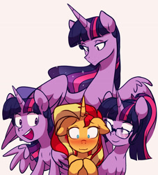 Size: 3084x3393 | Tagged: safe, artist:chub-wub, sci-twi, sunset shimmer, twilight sparkle, alicorn, pony, unicorn, equestria girls, g4, the last problem, alternate hairstyle, cute, equestria girls ponified, female, floppy ears, flustered, glasses, high res, lesbian, multeity, older, older twilight, older twilight sparkle (alicorn), open mouth, polyamory, ponified, princess twilight 2.0, raised hoof, self ponidox, shimmerbetes, ship:sci-twishimmer, ship:sunset twiangle, ship:sunsetsparkle, shipping, simple background, sparkle sparkle sparkle, sunset gets all the twilights, time paradox, twiabetes, twilight sparkle (alicorn), twolight, unicorn sci-twi, white background