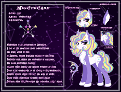 Size: 2900x2200 | Tagged: safe, artist:rain6ow6rush, oc, oc only, oc:nightshade flower, pony, unicorn, bust, chest fluff, colored hooves, constellation, ear fluff, ear piercing, female, high res, mare, piercing, reference sheet, smiling