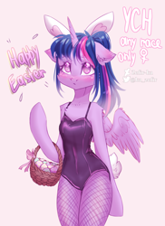 Size: 1824x2500 | Tagged: safe, artist:zefirka, twilight sparkle, alicorn, semi-anthro, g4, arm hooves, basket, bunny suit, clothes, easter, easter egg, egg, female, holiday, legs together, leotard, purple leotard, solo, stockings, thigh highs, twilight sparkle (alicorn), twilight's leotard, ych example, your character here