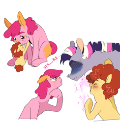 Size: 1999x2048 | Tagged: safe, artist:aztrial, oc, oc:felicidad, oc:honey cream, oc:star oasis, draconequus, earth pony, hybrid, pony, blushing, curly mane, foal, freckles, interspecies offspring, looking at you, offspring, parent:cheese sandwich, parent:discord, parent:pinkie pie, parent:twilight sparkle, parents:cheesepie, parents:discolight, staring into your soul, sweat, sweatdrop, younger