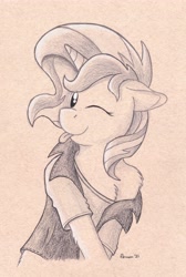 Size: 3375x5008 | Tagged: safe, artist:peruserofpieces, sunset shimmer, unicorn, semi-anthro, g4, clothes, crossed legs, equestria girls outfit, female, floppy ears, horn, looking at you, mare, off shoulder, one eye closed, pencil drawing, smiling, smiling at you, solo, toned paper, tongue out, traditional art, wink