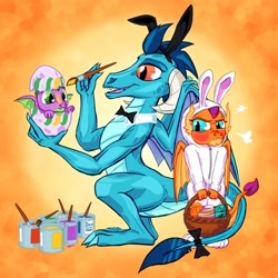 Size: 2000x2000 | Tagged: safe, artist:scarletdex8299, princess ember, smolder, spike, dragon, g4, angry, animal costume, basket, blushing, bowtie, bunny costume, bunny ears, butt, clothes, costume, cute, dragon trio, dragoness, easter, easter egg, embarrassed, emberbetes, female, high res, holiday, male, paintbrush, smolder is not amused, smolderbetes, smoldere, spikabetes, trio, tsundere, unamused, winged spike, wings