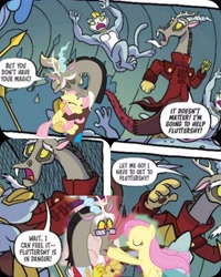 Size: 4096x5120 | Tagged: safe, artist:tonyfleecs, edit, editor:zcord, idw, discord, fluttershy, abyssinian, draconequus, pegasus, pony, discordant harmony, g4, season 10, to where and back again, spoiler:comic, spoiler:comic97, absurd resolution, collage, cropped, female, hug, male, mare, shipping fuel, unnamed abyssinian, unnamed character
