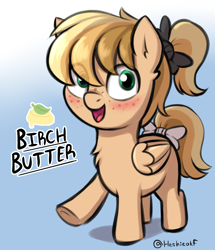 Size: 1624x1888 | Tagged: safe, artist:heretichesh, oc, oc only, oc:birch butter, pegasus, pony, blushing, bow, colored, colt, femboy, freckles, male, pegasus oc, reference, solo