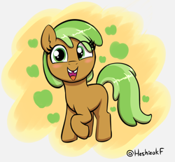Size: 1814x1676 | Tagged: safe, artist:heretichesh, apple crumble, earth pony, pony, g4, apple family member, blushing, colored, female, filly, looking at you, raised hoof, simple background, smiling, smiling at you, solo, tooth gap
