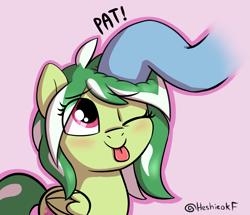 Size: 1947x1675 | Tagged: safe, artist:heretichesh, oc, oc only, oc:katydid, pegasus, pony, ;p, blushing, disembodied hoof, female, filly, head pat, offscreen character, one eye closed, pat, pegasus oc, solo focus, tongue out