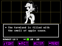Size: 1280x960 | Tagged: safe, artist:horses are fuckin weird, applejack, pony, g4, applejack's hat, applesauce, bag, bipedal, black and white, black background, chara, charaset, cowboy hat, equestale, fake screencap, farm, female, fight, grayscale, hat, heart, horn, hud, implied sunset shimmer, lasso, monochrome, pixel art, rope, saddle bag, simple background, solo, sprite, stetson, undertale