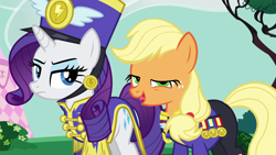 Size: 1920x1080 | Tagged: safe, screencap, applejack, rarity, earth pony, pony, unicorn, g4, season 4, testing testing 1-2-3, ancient wonderbolts uniform, clothes, costume, cutie mark, day, female, half-closed eyes, happy, mare, missing accessory, missing hat, outdoors, sgt. rarity