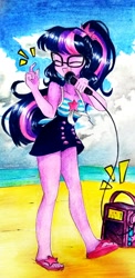 Size: 1722x3540 | Tagged: safe, artist:liaaqila, sci-twi, twilight sparkle, equestria girls, equestria girls series, g4, beach, clothes, cute, eyes closed, female, flip-flops, foot tapping, glasses, high res, karaoke, microphone, one-piece swimsuit, sandals, sci-twi swimsuit, singing, sleeveless, snapping, solo, swimsuit, tapping, traditional art, twiabetes