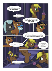 Size: 2904x4000 | Tagged: safe, artist:palibrik, compass star, evening star, party favor, thunderlane, earth pony, pegasus, pony, unicorn, comic:securing a sentinel, g4, abandoned, bottle, carousel boutique, comic, commissioner:bigonionbean, cutie mark, derp, dialogue, dropping, drunk, female, hat, high res, male, offscreen character, ponyville, potion, shipping, stallion, straight, vomit, vomiting, writer:bigonionbean